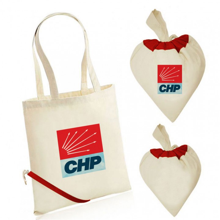 CHP logolu kalp model kırmızı ip büzgülü organik ham bez promosyon çanta